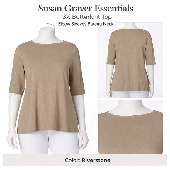 Susan Graver Tops - Susan Graver Essentials 3X Butterknit Top Riverstone Tan Elbow Sleeve Bateau